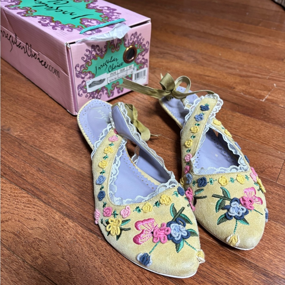 Irregular Choice Yellow Floral Embroidered Slippers
